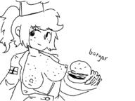 artist:2x burger chef_hat finnish_flag french_fries ms_arttu ponyail serving_tray tits // 798x598 // 69KB