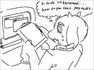 :3 anthro artist:pee character:milk clipboard computer computer_monitor fangs floppy_ears furry goat horns keyboard loli open_mouth oversized_clothes spiral_eyes suit sweat sweatdrop text thought_bubble // 800x600 // 11KB